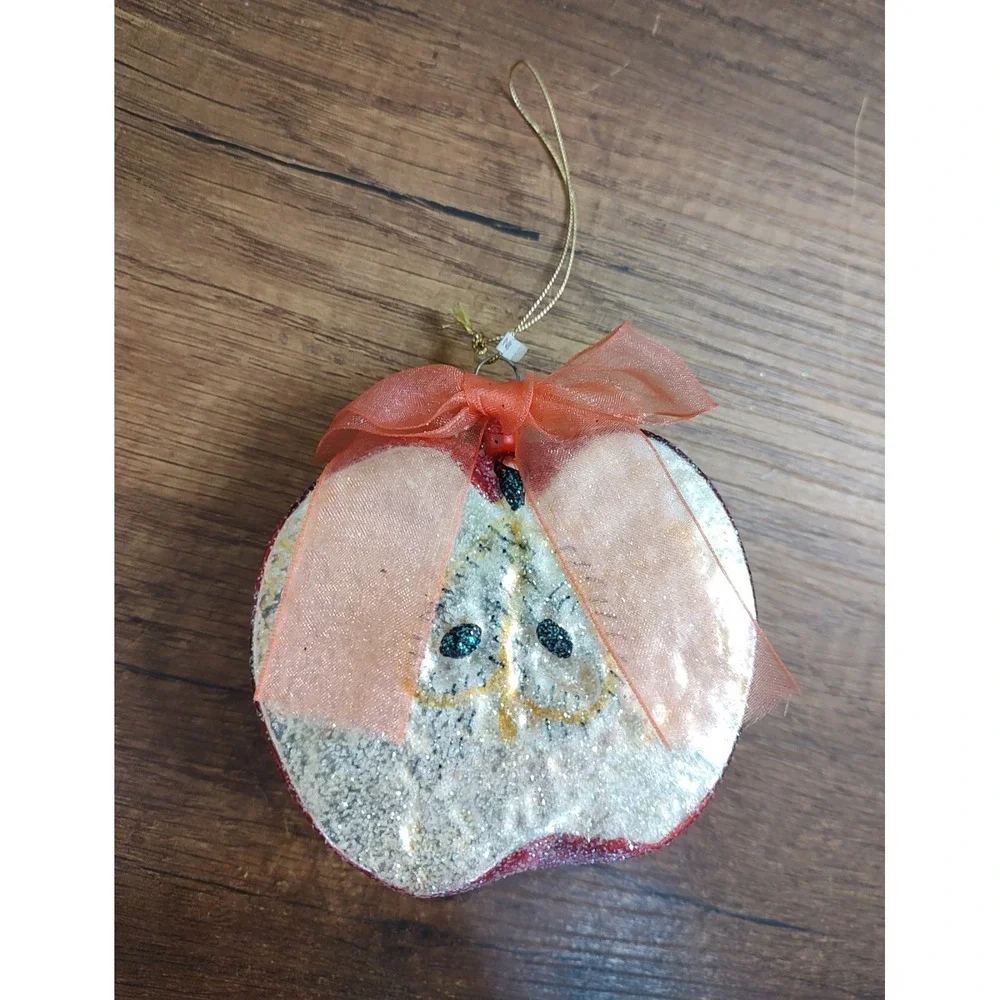 Vintage Frosted Sugared Apple Fruit Slice Glass Christmas Ornament B1